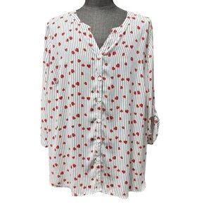 Catherines Strawberry Striped White Button Up Blouse Size 3X All Over Print